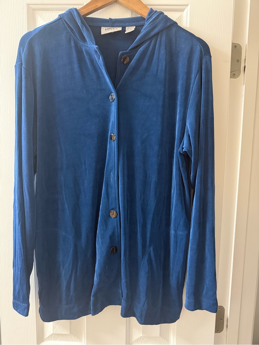 Chico's Travelers Blue Hooded Button-Front Cardigan Jacket Size 2 L
